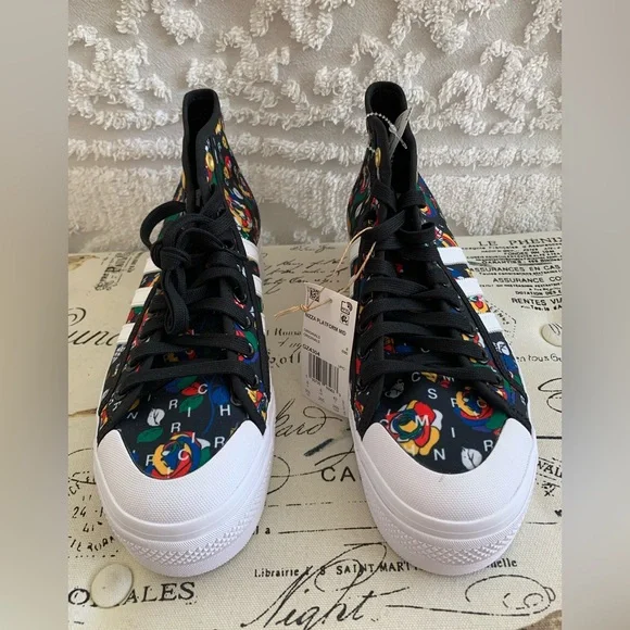 NEW Adidas Nizza High-Top Sneakers: Black, MultiColor Print, Logo9.5 - Picture 2 of 9